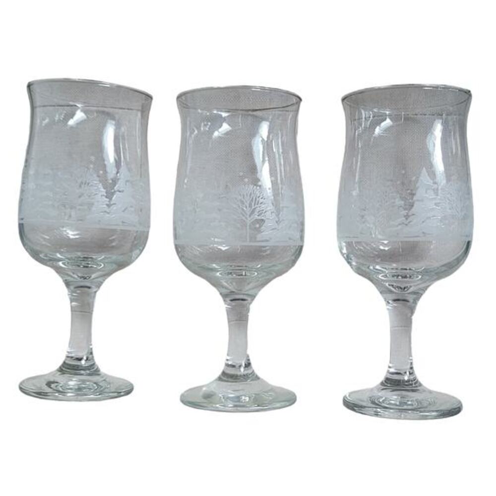 Vintage Libby for Arbys 80s Christmas Wine Tulip Glasses Winter Wonderland Set 3